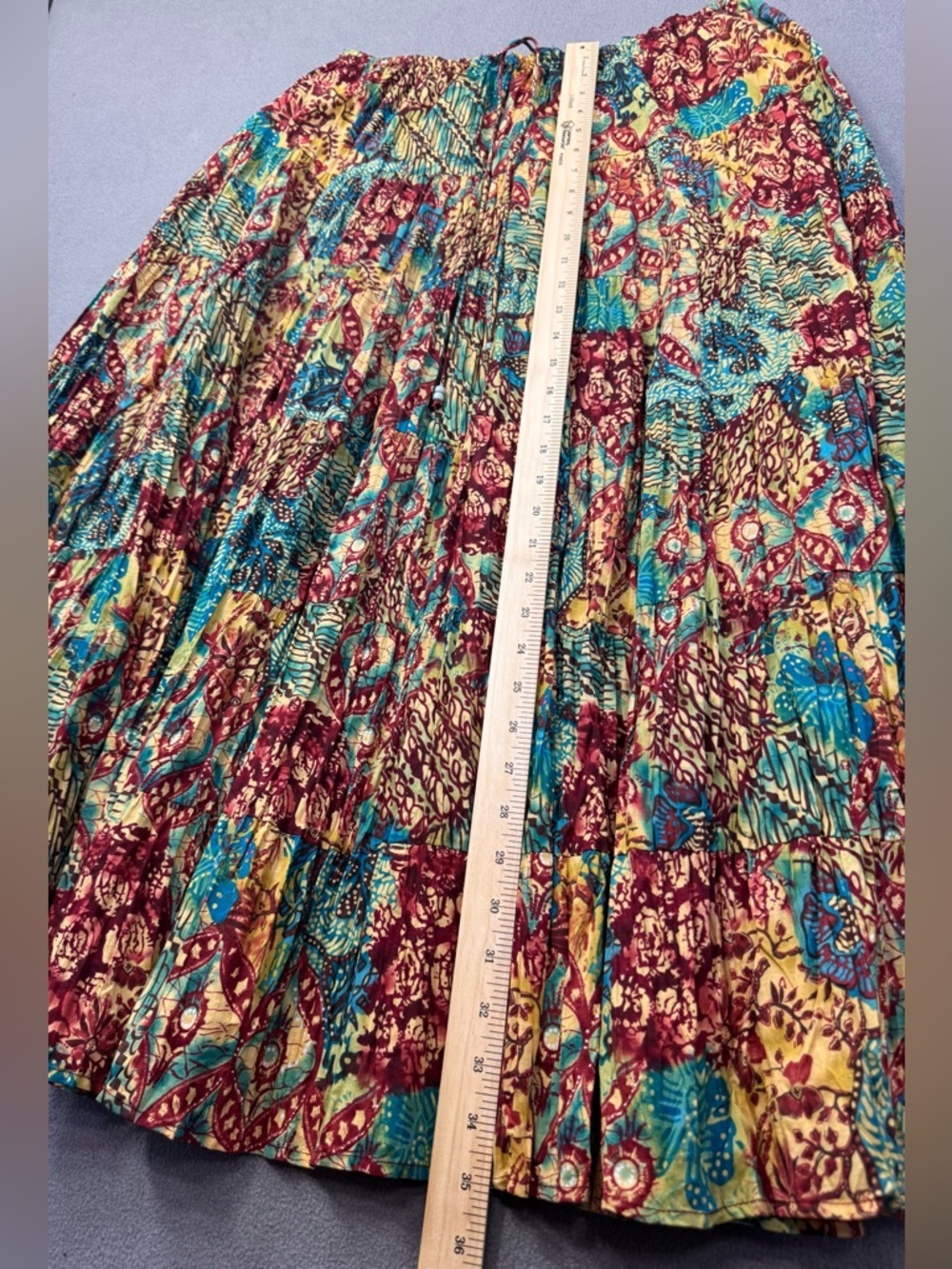 Vintage Y2K Boho Patchwork Pleated Midi Skirt, Ruffle Tiered 100% Cotton, 1X - Picture 8 of 13
